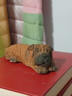 Vintage Living Stone Sleeping Shar Pei Dog Figurine Brown Wrinkled Puppy 1990